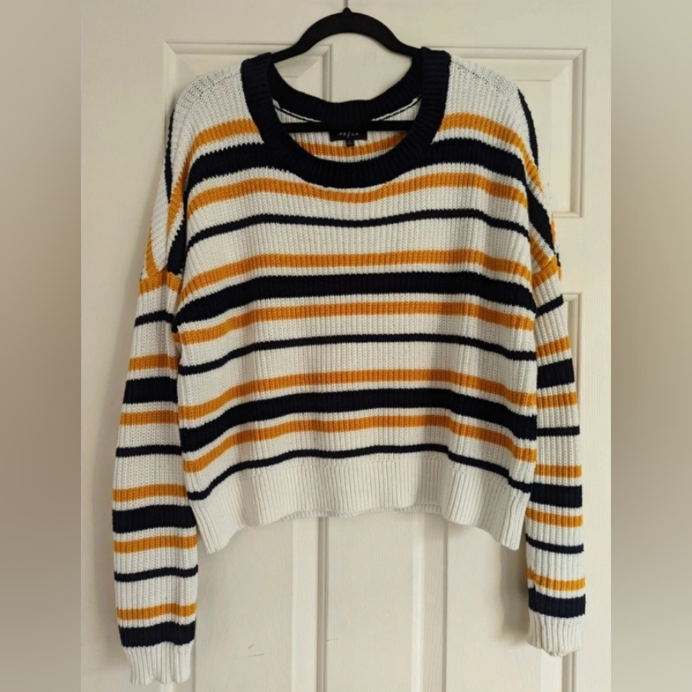 Striped Crew Neck Sweater - Navy, White, and Mustard